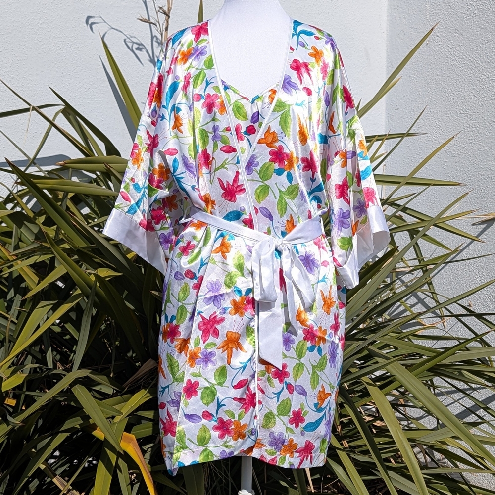 Vintage 90s L.A. Intimates 2pc Satin Robe & Chemise Floral Set Size Large